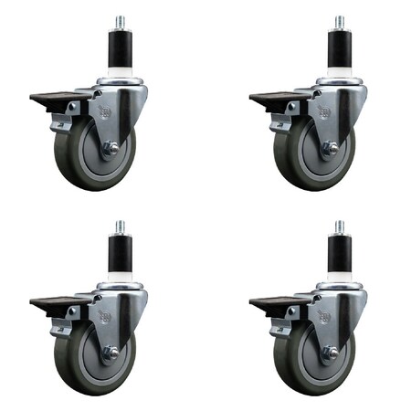 Service Caster 4'' Gray Poly Swivel 1-3/8'' Expanding Stem Caster Set with Brake, 4PK SCC-EX20S414-PPUB-PLB-138-4